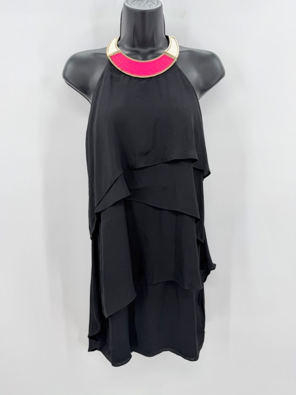 Marciano Guess Black Tiered Halter Dress Neon Pink Gold Metal Neck Collar Sz XS